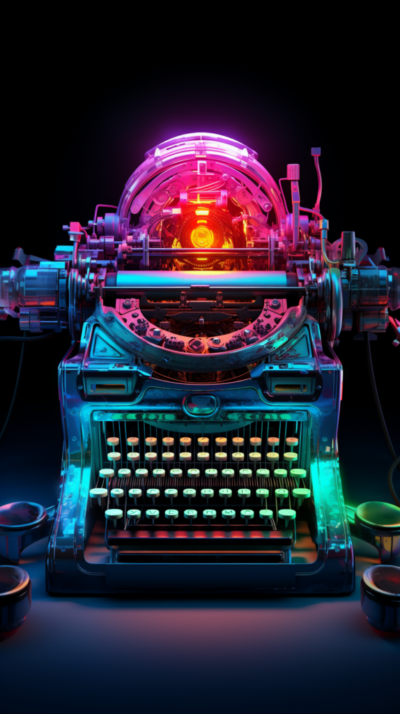 Alte Schreibmaschine in modernen Farben als Symbol für den KI-Blog, generiert mit Midjourney